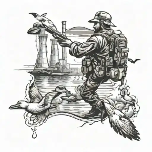 A duck hunter aiming at ducks flying over a power plant tattoo design idea