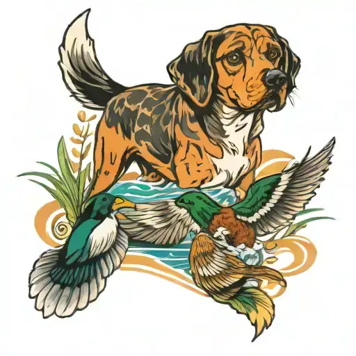 dog and mallards tattoo design idea