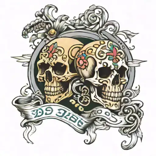 couples tattoo design with skulls and lock and key with flowers ribbons stars with the date 7/10/2004 tattoo design idea