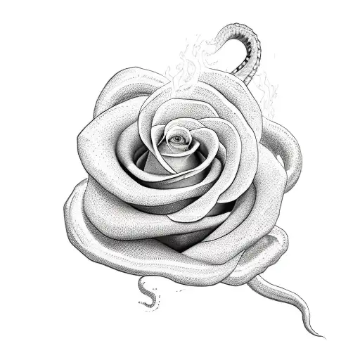 an arm sleave with a rose, snake, dragon, and city tattoo design idea