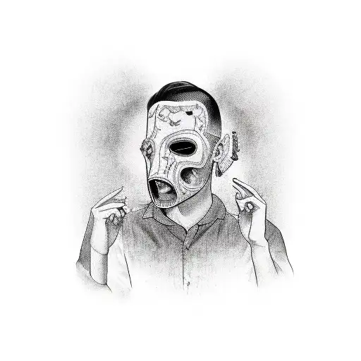 depressed person in mirror. wearing a broken mask tattoo design idea