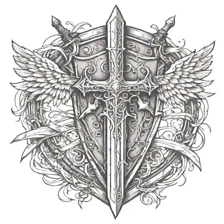 Legolas sword handles behind templar shield with cross with ribbon and wings  tattoo design idea
