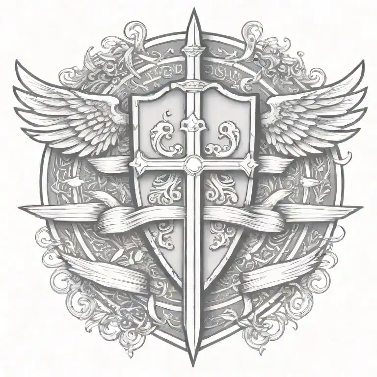 templar shield and sword with wings behind a cross with ribbon   tattoo design idea