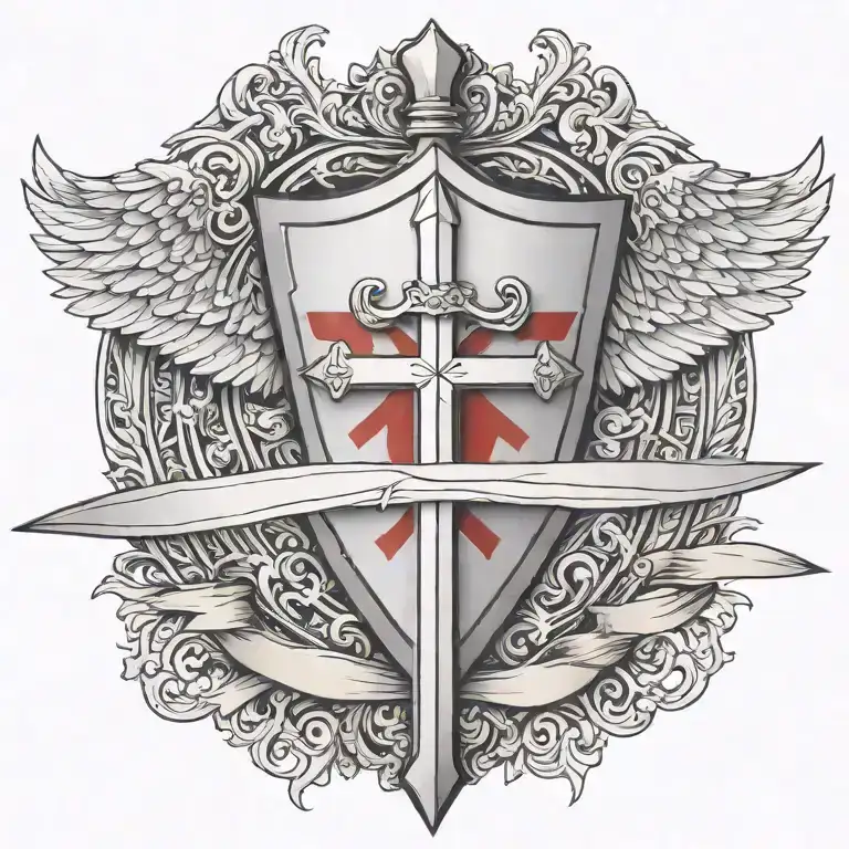 sword handles behind templar shield with wings behind a cross with ribbon   tattoo design idea