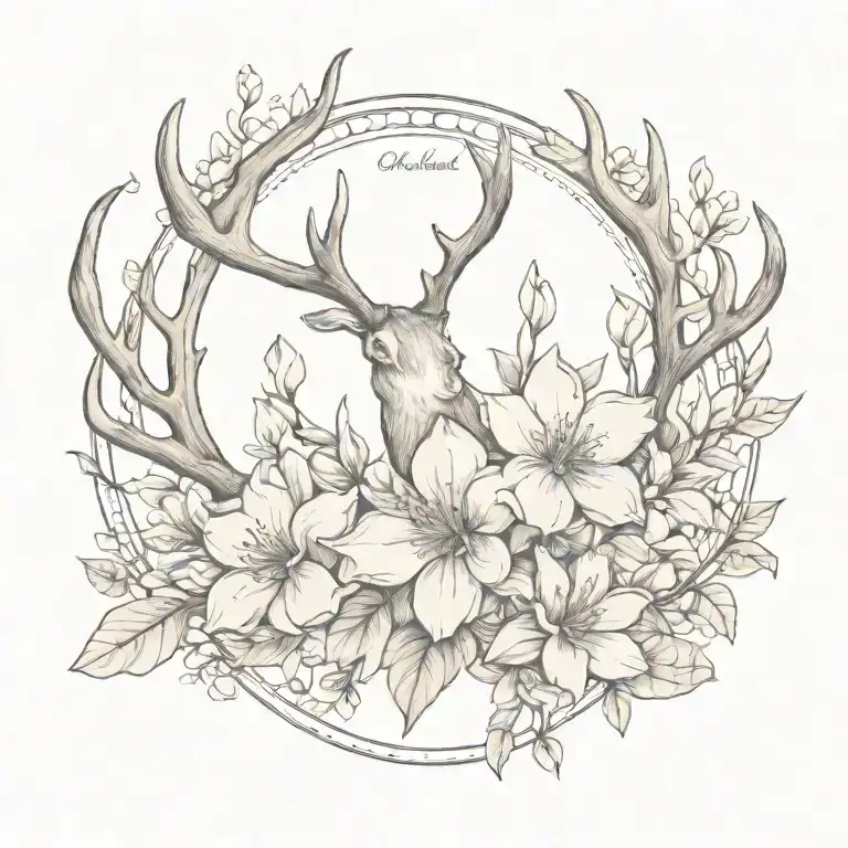 antler and magnolias blooming name tattoo design idea