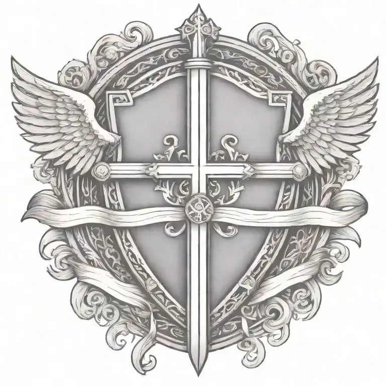 sword handles behind templar shield with wings behind a cross with ribbon   tattoo design idea