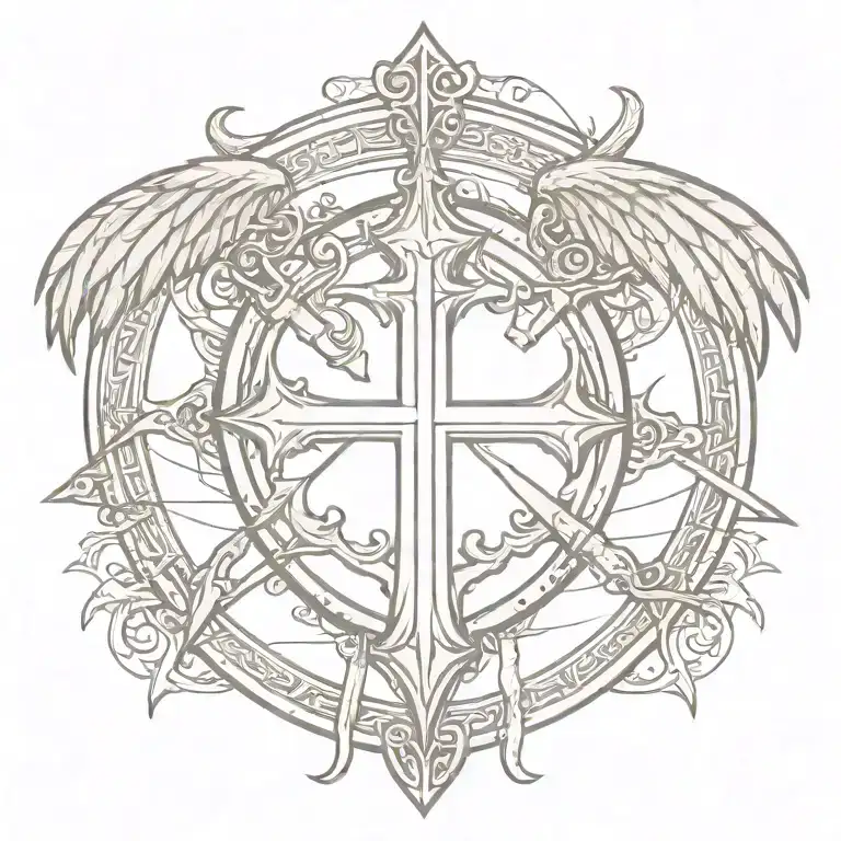 swords and wings behind templar shield with templar cross  tattoo design idea