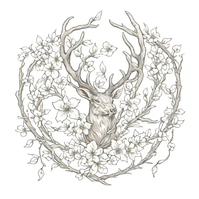 antler and cherry blossom feather tattoo design idea