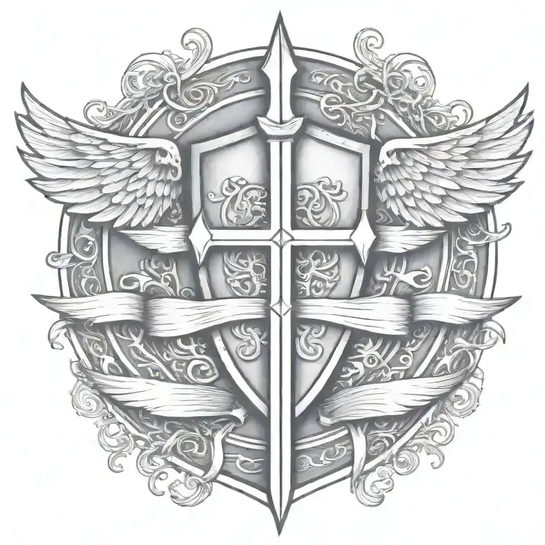 templar shield and sword with wings behind a cross with ribbon   tattoo design idea