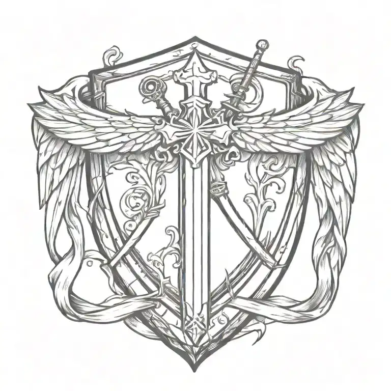 swords handles behind templar shield with cross with ribbon and wings  tattoo design idea