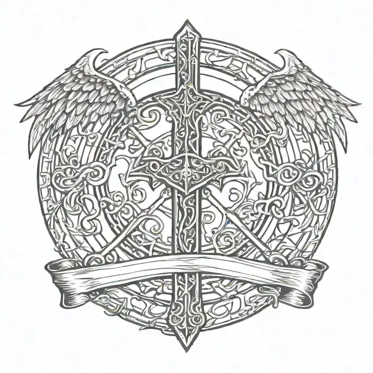 Legolas sword handles behind templar shield wings behind a cross with ribbon  tattoo design idea