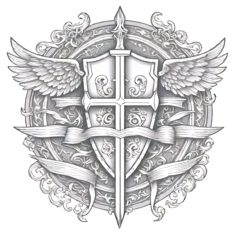 templar shield and sword with wings behind a cross with ribbon   tattoo design idea