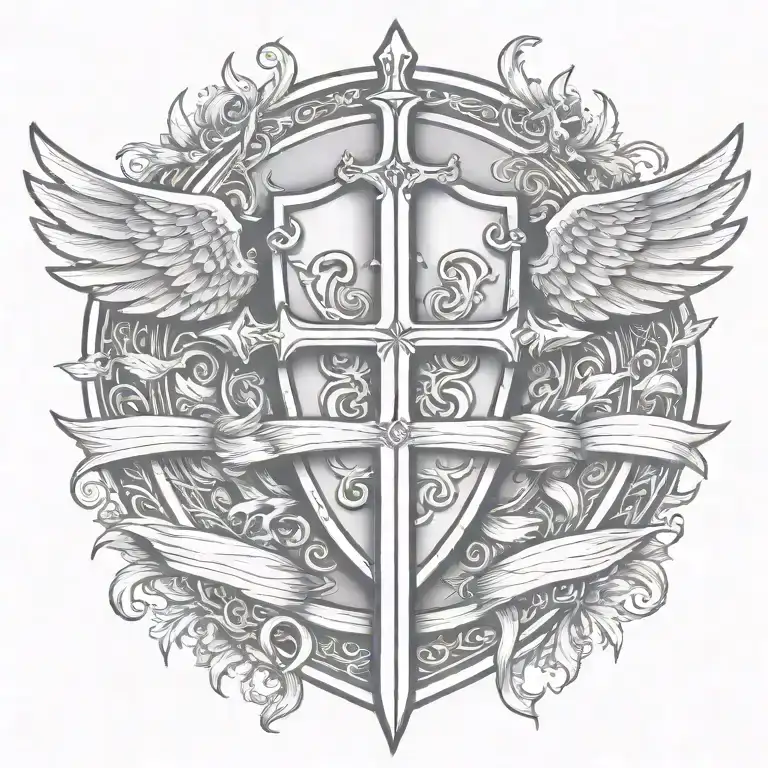 sword handles behind templar shield with wings behind a cross with ribbon   tattoo design idea