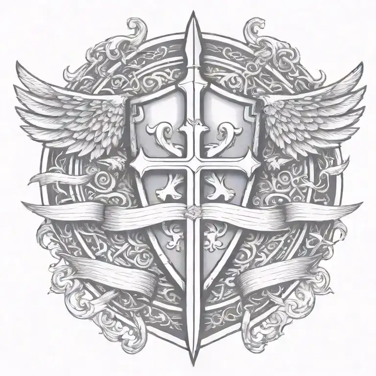 sword handles behind templar shield with wings behind a cross with ribbon   tattoo design idea