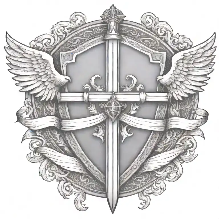 sword handles behind templar shield with wings behind a cross with ribbon   tattoo design idea