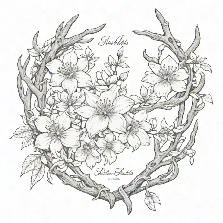 antler and magnolias blooming name tattoo design idea