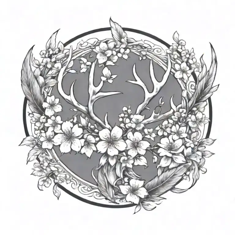antler and cherry blossom feather tattoo design idea