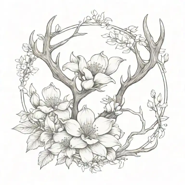 antler and magnolias blooming name tattoo design idea
