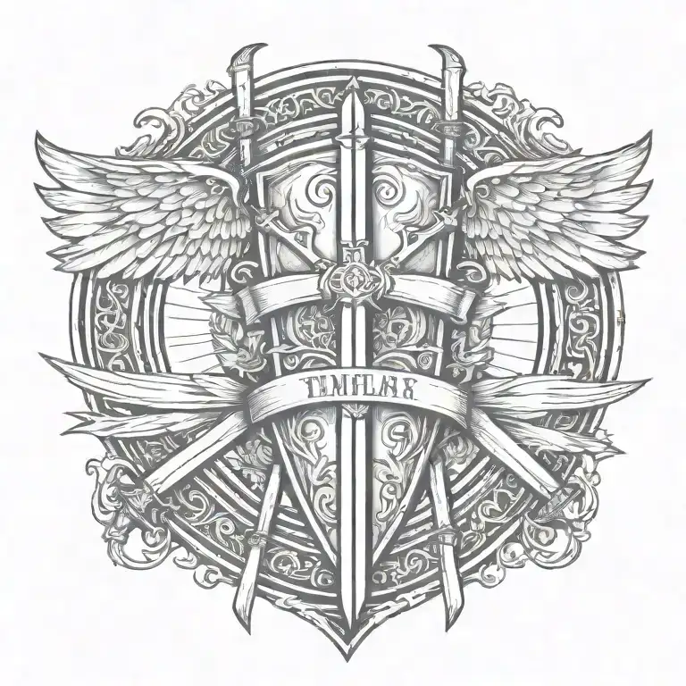 sword handles behind templar shield with wings behind a cross with ribbon saying John 15-13  tattoo design idea