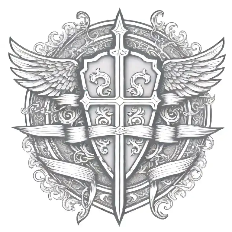 templar shield and sword with wings behind a cross with ribbon   tattoo design idea