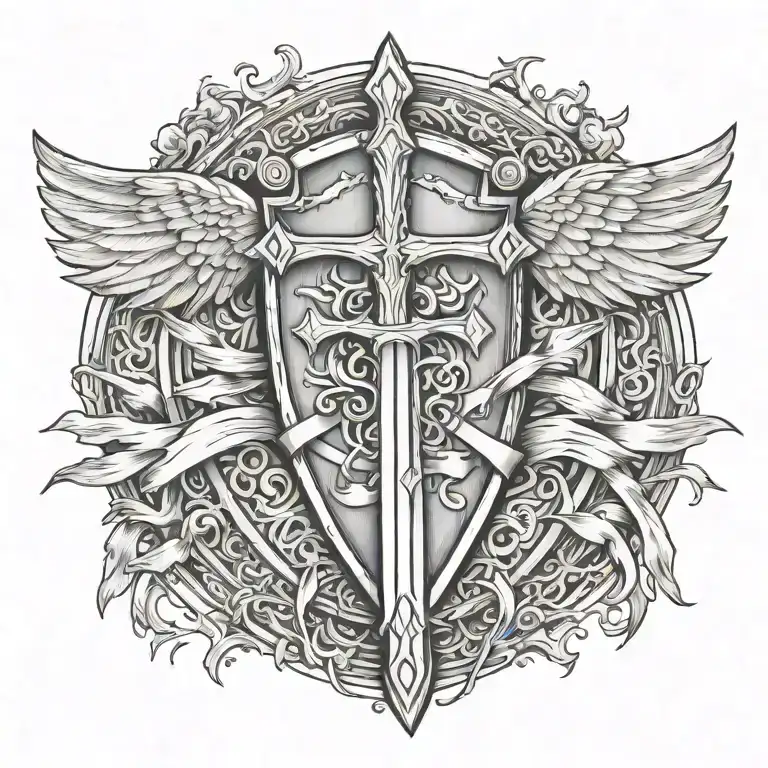 sword handles behind templar shield with wings behind a cross with ribbon   tattoo design idea