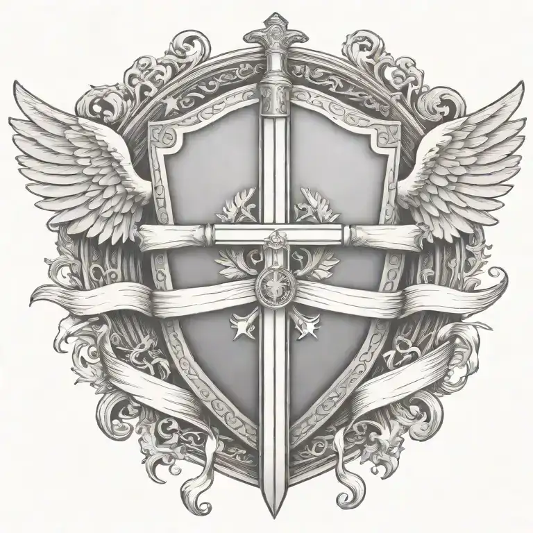 sword handles behind templar shield with wings behind a cross with ribbon   tattoo design idea
