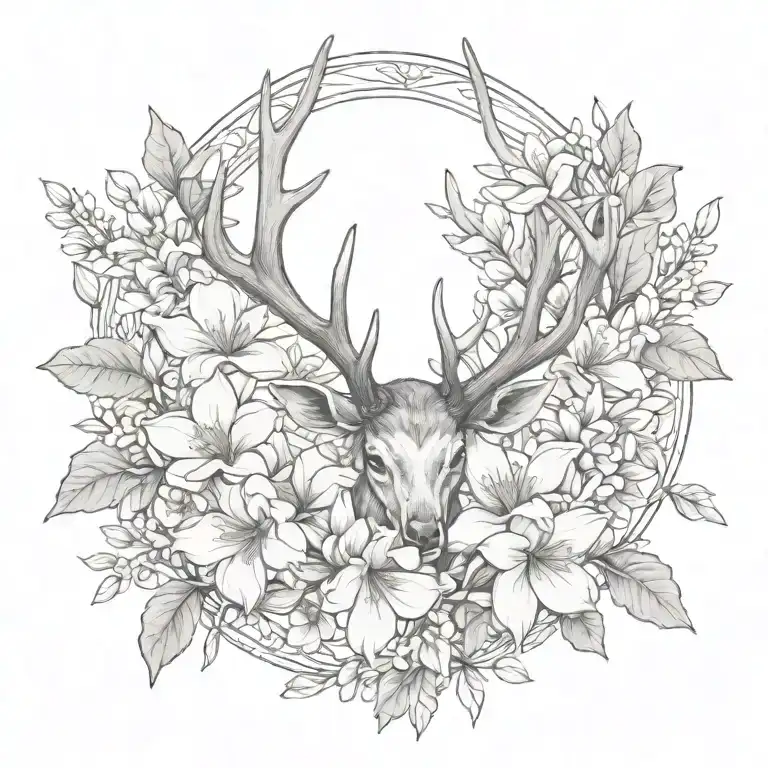 antler and magnolias blooming tattoo design idea
