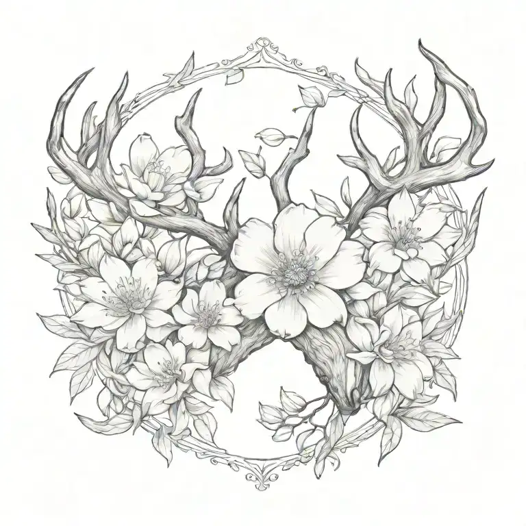 antler and magnolias blooming tattoo design idea