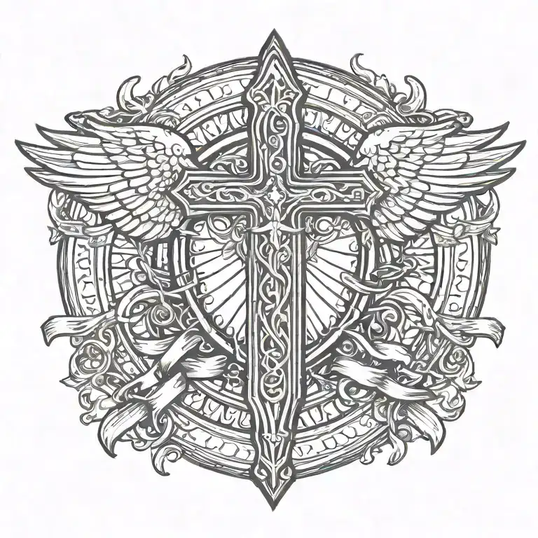 sword handles behind templar shield with wings behind a cross with ribbon saying John 15-13  tattoo design idea