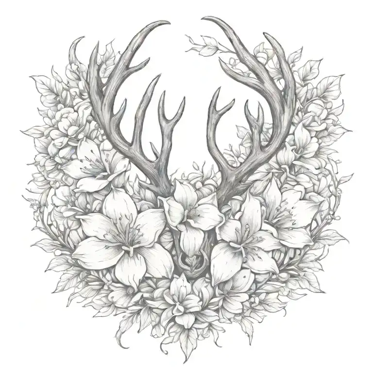 antler and magnolias blooming tattoo design idea