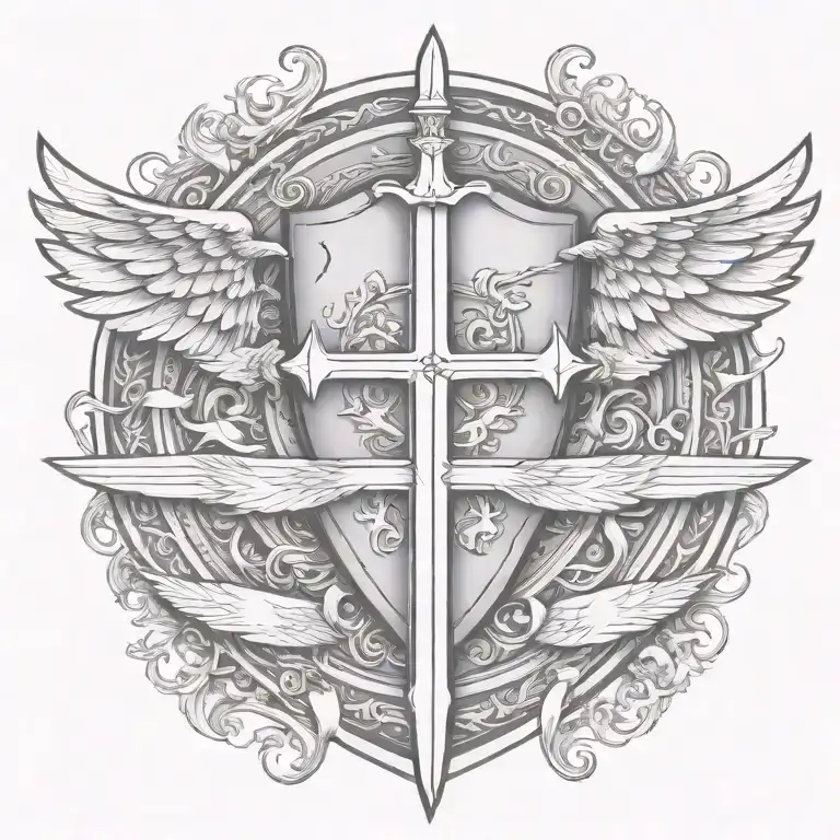sword handles behind templar shield with wings behind a cross with ribbon   tattoo design idea