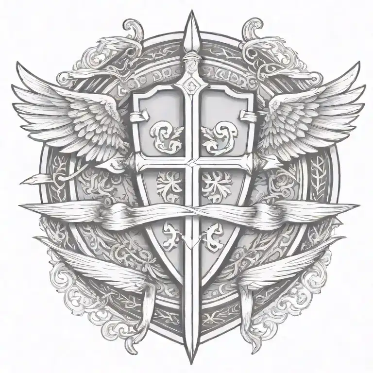 templar shield and sword with wings behind a cross with ribbon   tattoo design idea