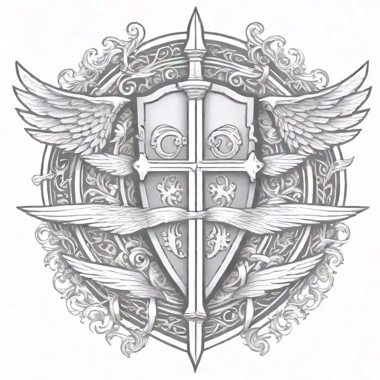 sword handles behind templar shield with wings behind a cross with ribbon   tattoo design idea