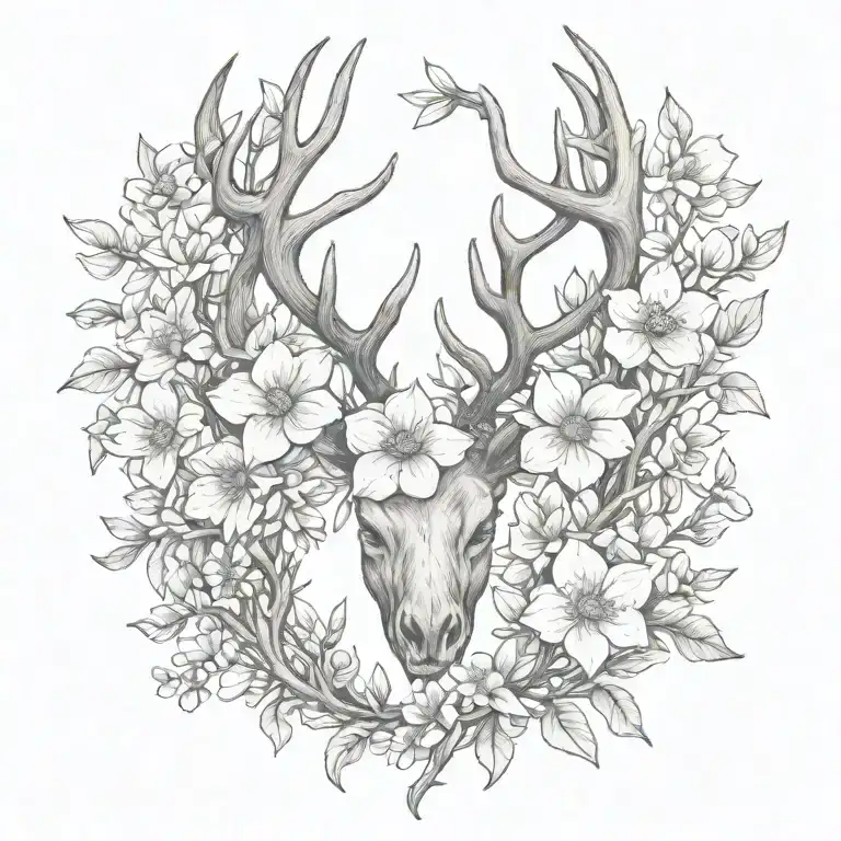 antler and magnolias blooming tattoo design idea