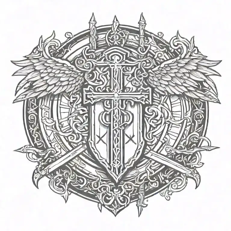sword handles behind templar shield with winged cross tattoo design idea