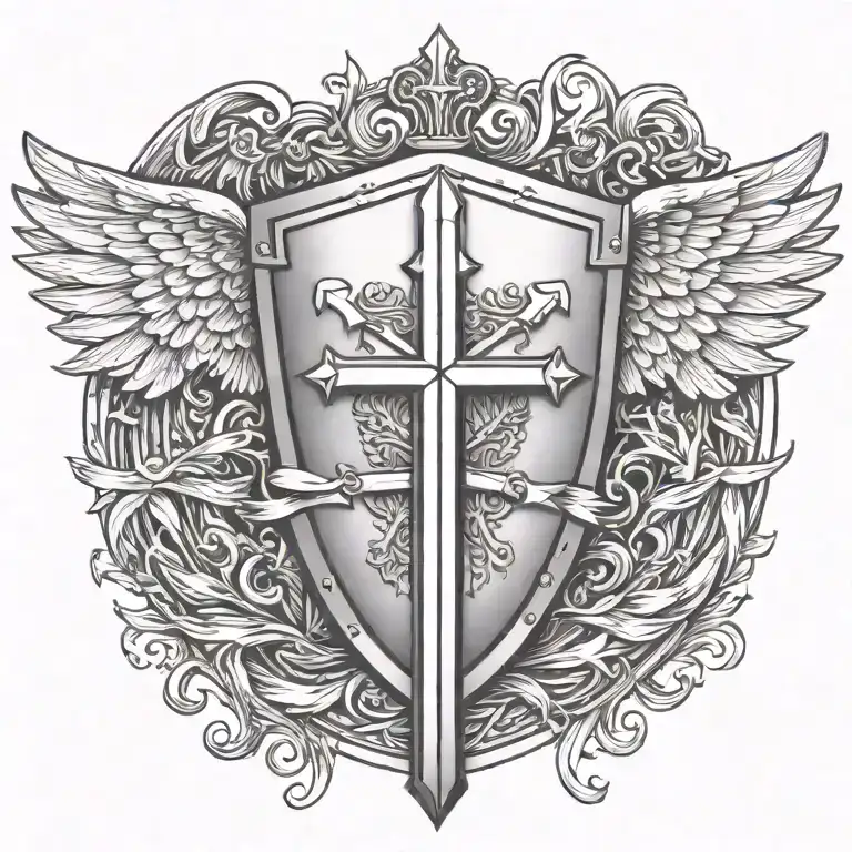 sword handles behind templar shield with wings behind a cross with ribbon   tattoo design idea