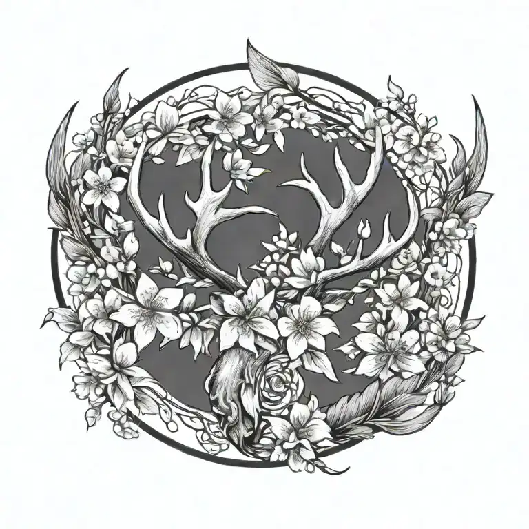 antler and cherry blossom feather tattoo design idea