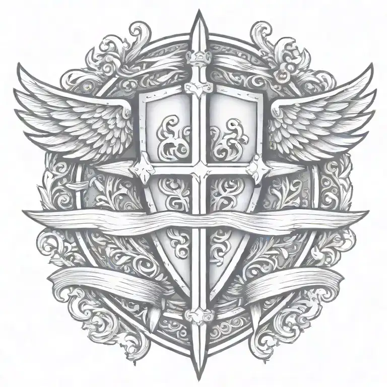 sword handles behind templar shield with wings behind a cross with ribbon   tattoo design idea