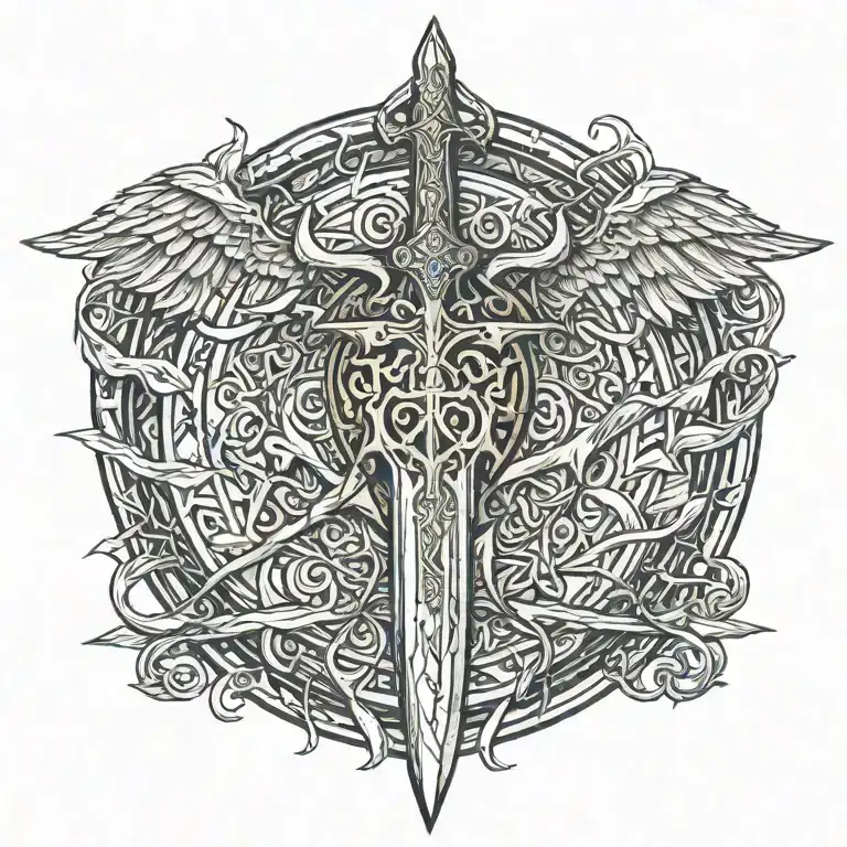 Legolas sword handles behind templar shield with cross with ribbon and wings  tattoo design idea