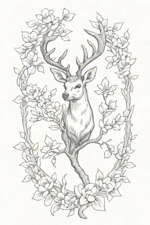 deer antler magnolia tree branch tattoo design idea