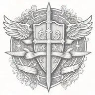 templar shield and sword with wings behind a cross with ribbon   tattoo design idea
