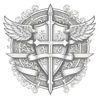 templar shield and sword with wings behind a cross with ribbon   tattoo design idea