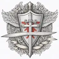 sword handles behind templar shield with wings behind a cross with ribbon   tattoo design idea