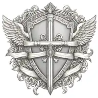 sword handles behind templar shield with wings behind a cross with ribbon   tattoo design idea