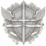 sword handles behind templar shield with wings behind a cross with ribbon   tattoo design idea