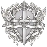 sword handles behind templar shield with wings behind a cross with ribbon   tattoo design idea