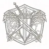 swords handles behind templar shield with cross with ribbon and wings  tattoo design idea
