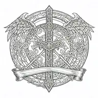 Legolas sword handles behind templar shield wings behind a cross with ribbon  tattoo design idea