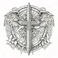 Legolas sword handles behind templar shield wings behind a cross with ribbon  tattoo design idea