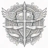 templar shield and sword with wings behind a cross with ribbon   tattoo design idea